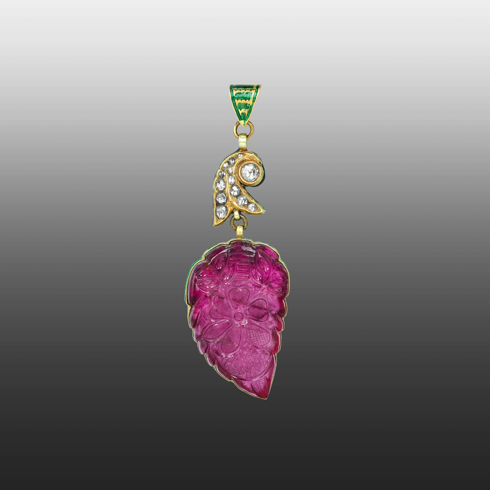 Carved Pink Tourmaline Pendant with Polki and Enamel